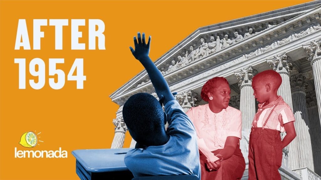 A picture of a man and a woman in front of a building with the words after 1954.