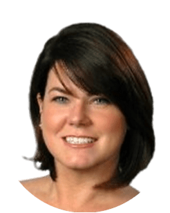A woman with shoulder-length dark hair, wearing a neutral expression, against a white background.