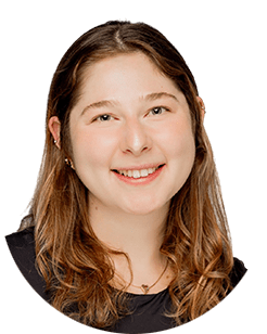 A smiling woman in a black shirt.