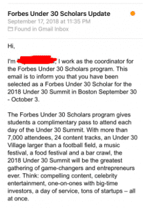 Email from Forbes Under 30 Scholars explaining recipient has been selected