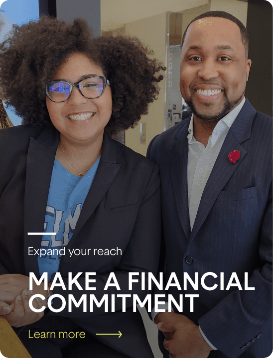 Two people standing next to each other with the text explore your financial commitment.
