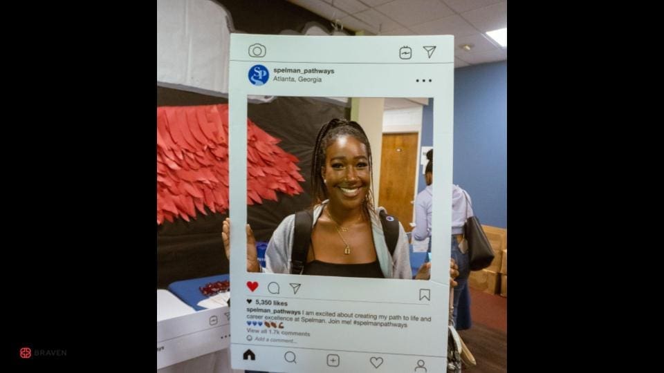 A woman's instagram photo is displayed in a classroom.