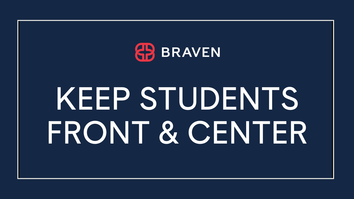 Navy background with white border. Text: "Braven. Keep Students Front & Center." Red Braven logo above text.