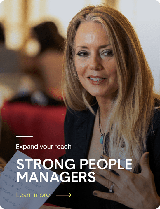 A woman with long blonde hair speaks while holding a piece of paper. Text reads: "Expand your reach. Strong People Managers. Learn more.