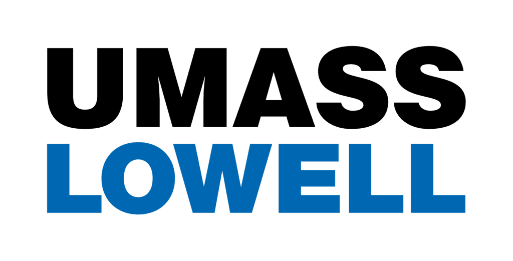 Text logo reading "UMASS" in black bold letters above "LOWELL" in blue bold letters on a white background.