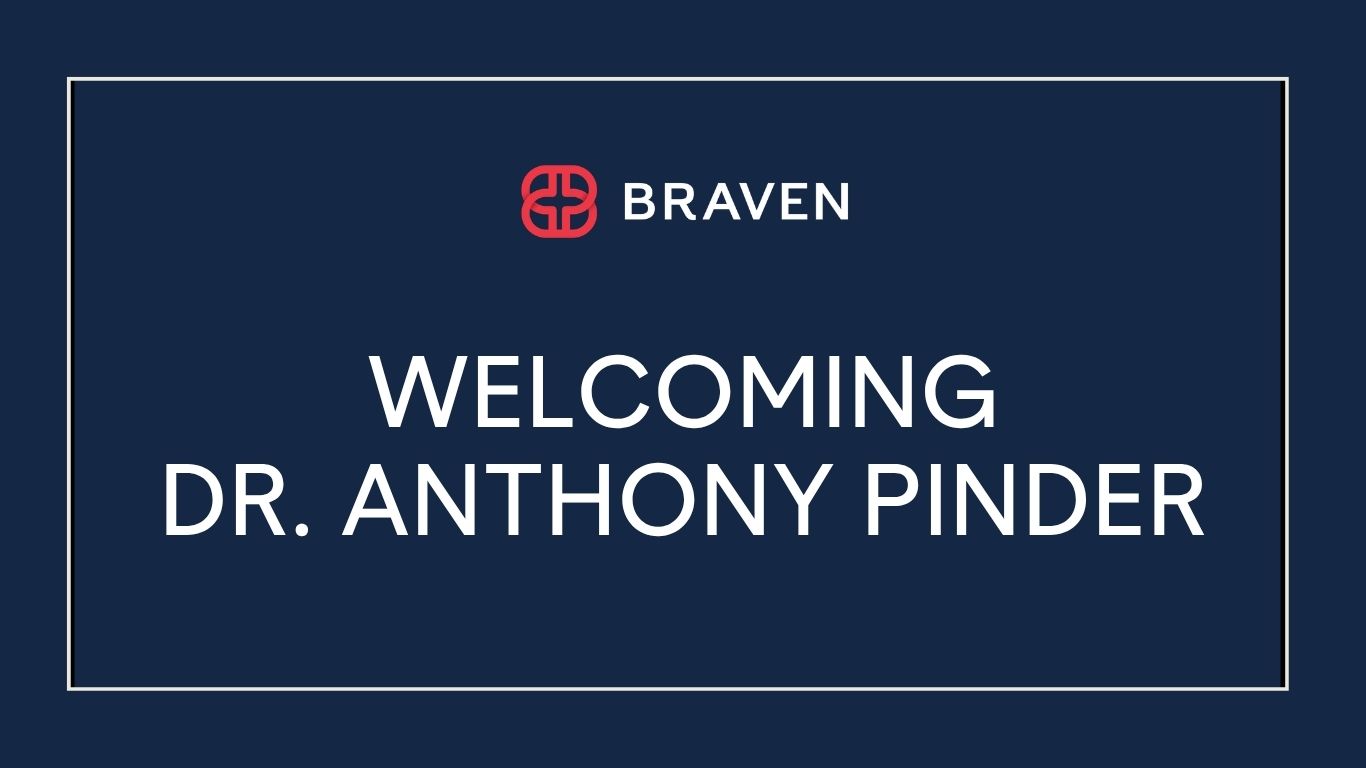 Dark blue graphic with Braven logo and text: "Welcoming Dr. Anthony Pinder.