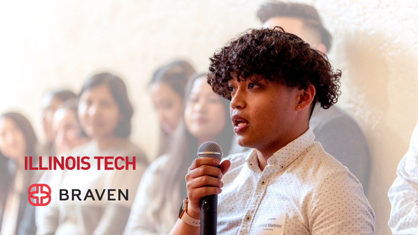 A student speaks into a microphone during an Illinois Tech Braven event.